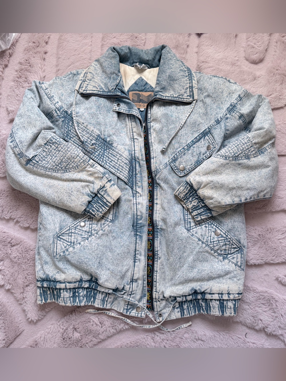 British Mist 80s Women's Light Acid Wash puffy Denim Jacket with Elastic waist